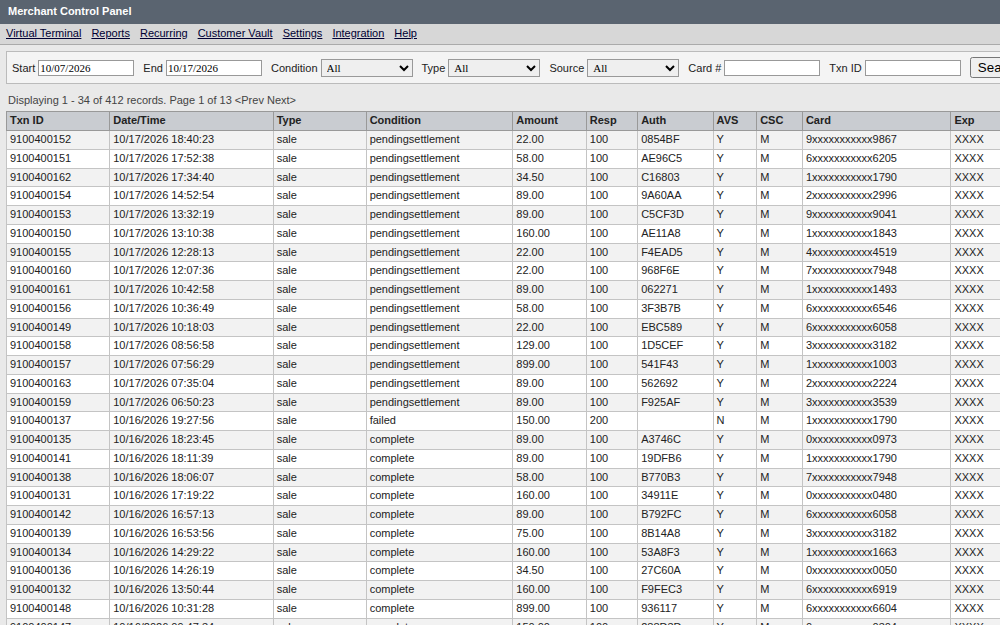 A typical gateway report: a dense grid of codes and columns