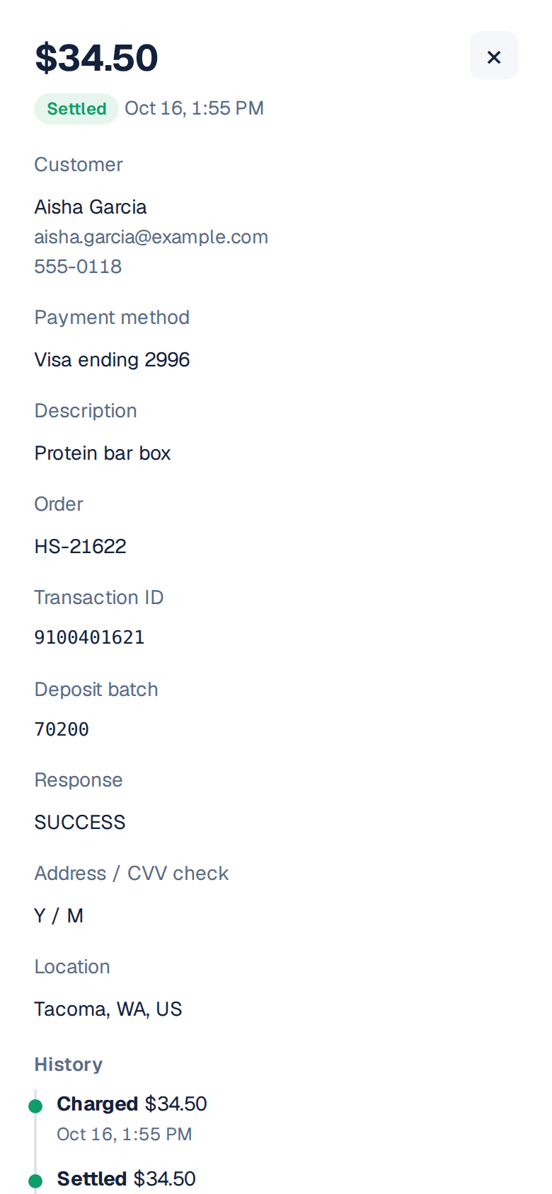 Payment details on a phone