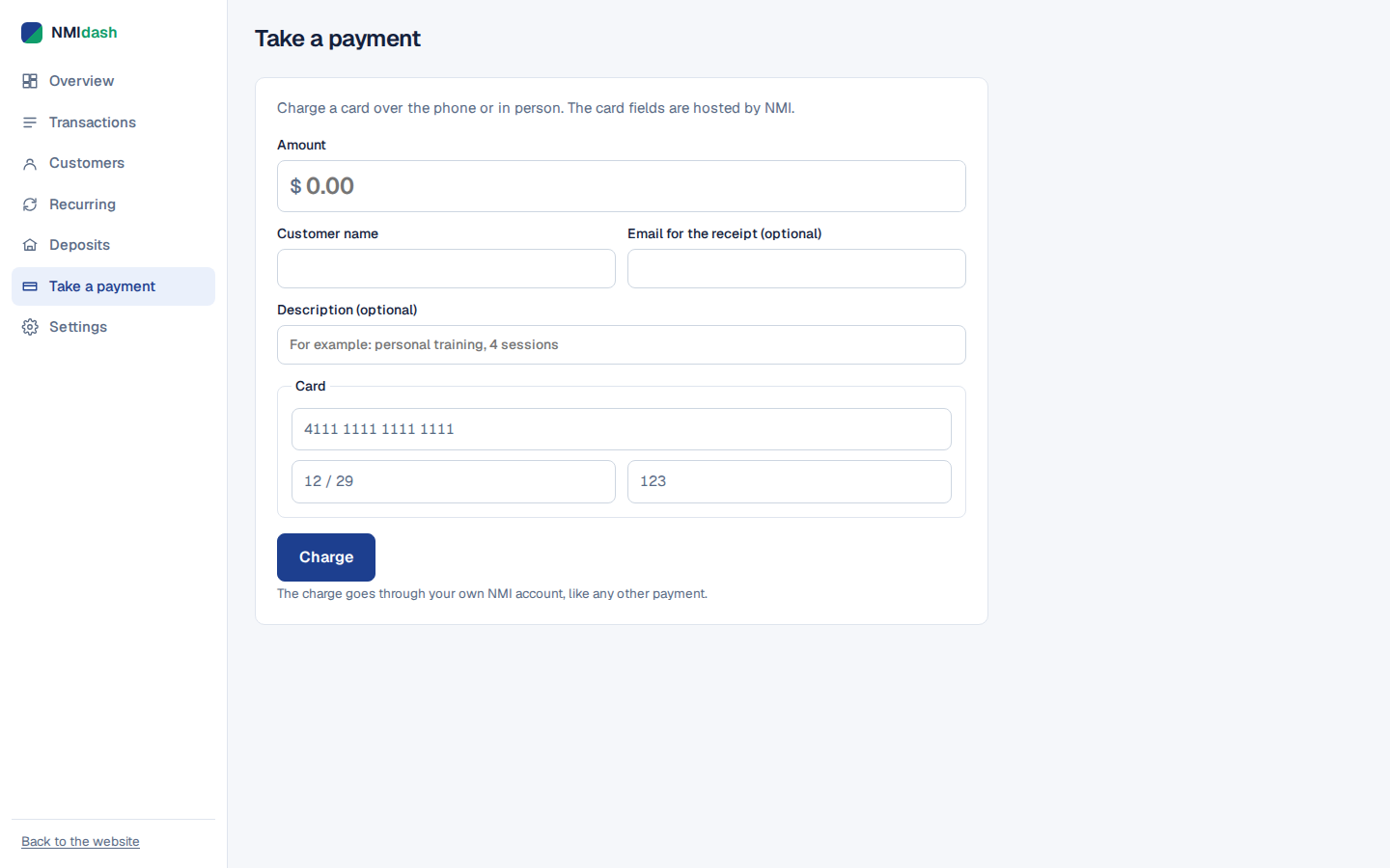 Take a payment screen in NMIdash