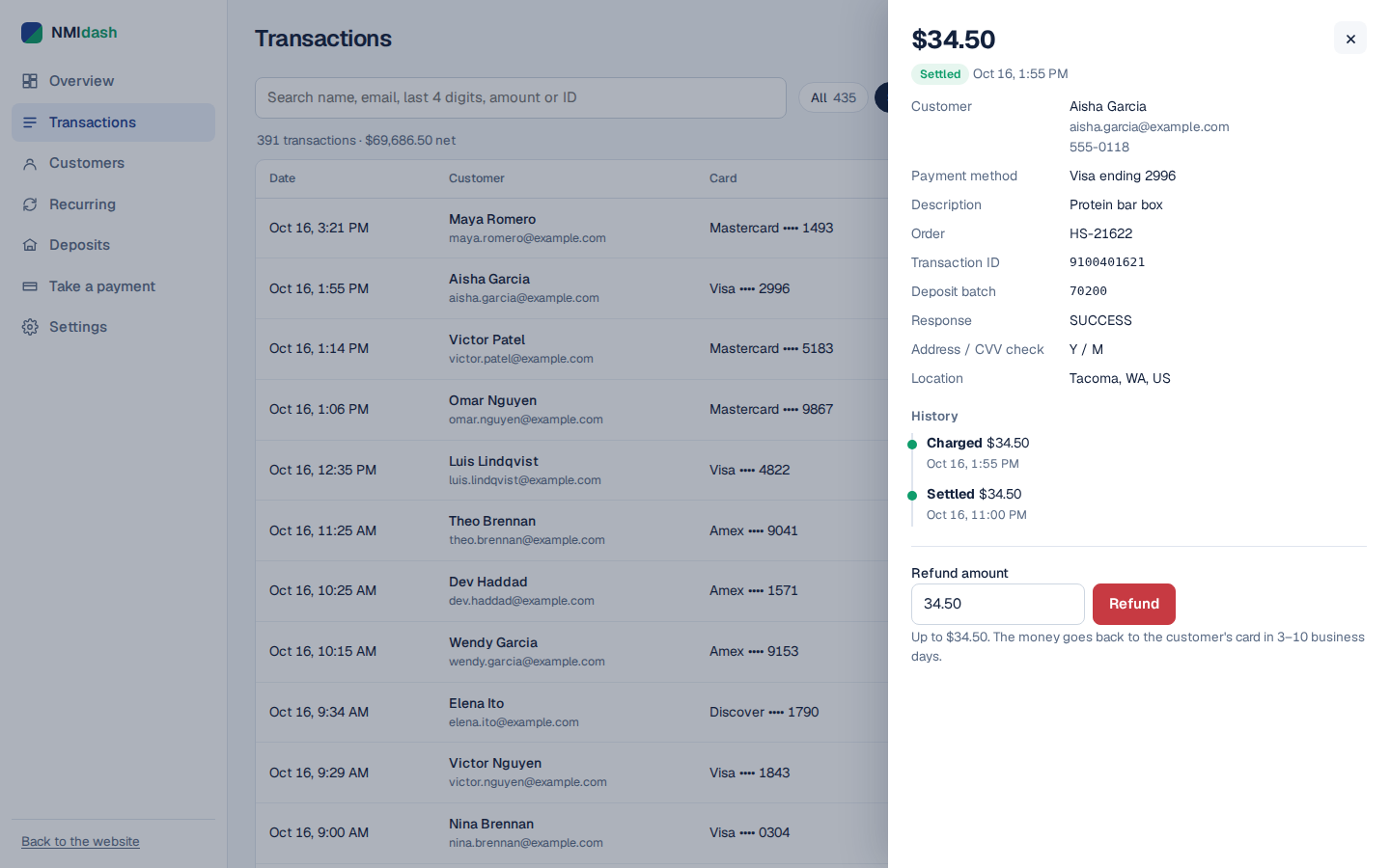 Payment details screen in NMIdash