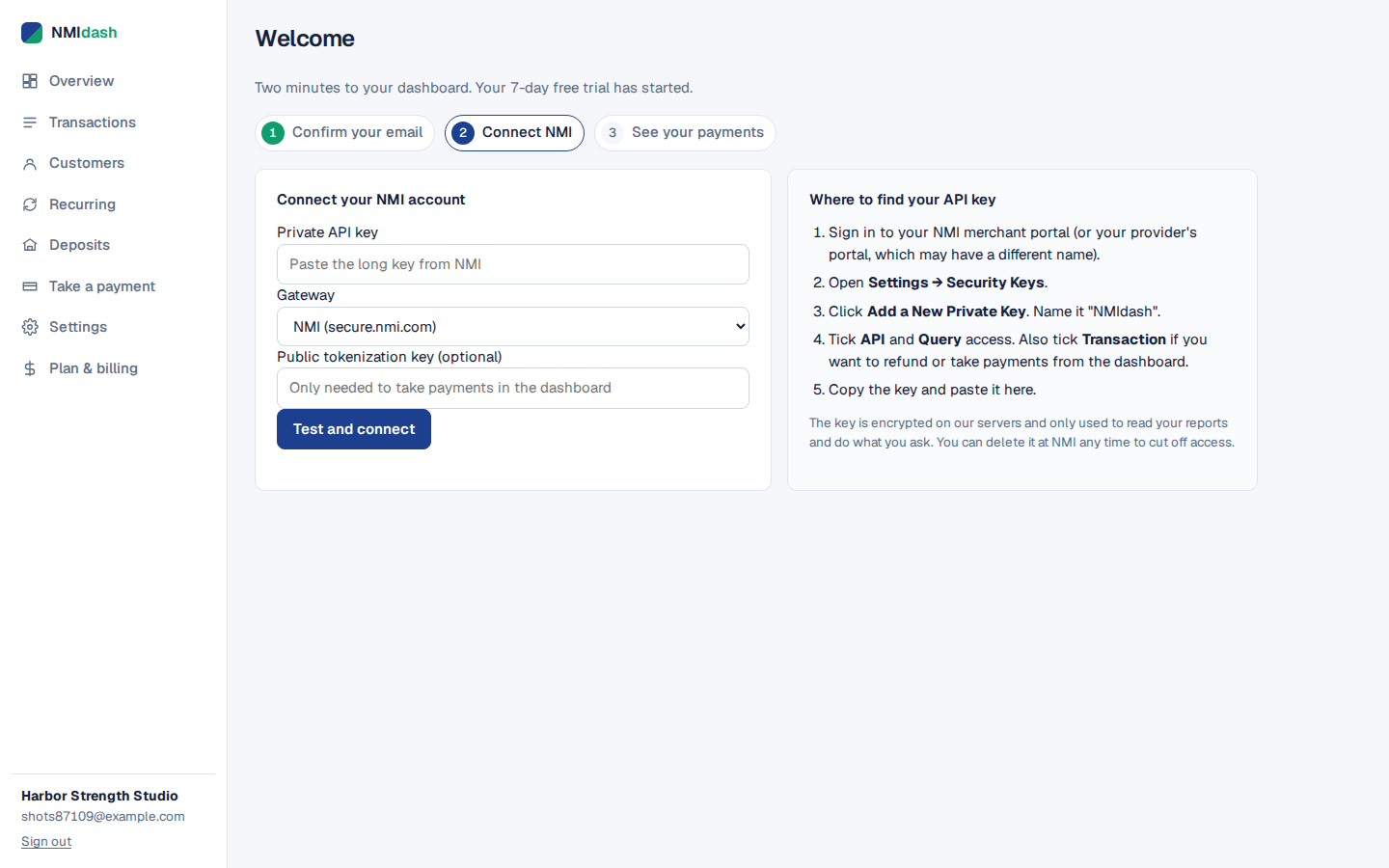 Getting started screen in NMIdash